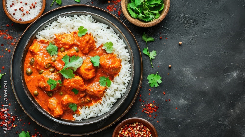 Chicken tikka masala with rice. Asian-Indian dish. Top view, copy spac Chicken tikka masala with rice. Asian-Indian dish. Top view, copy spac