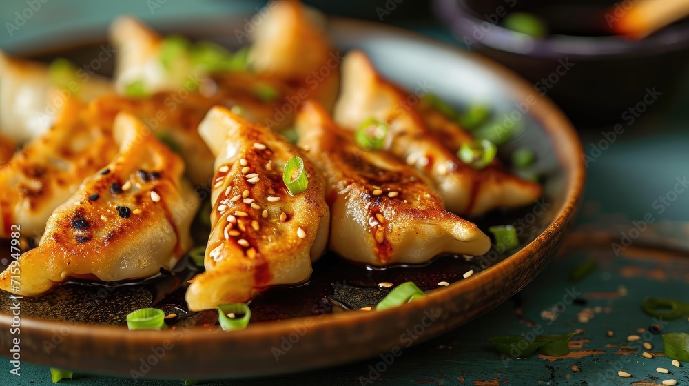 Fried dumplings with soy sauce. Gyoza. Healthy eating. Asian food Fried dumplings with soy sauce. Gyoza. Healthy eating. Asian food
