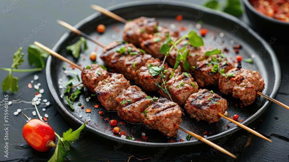 Grilled Lula kebab on skewers with spices in a black plate on a stone background