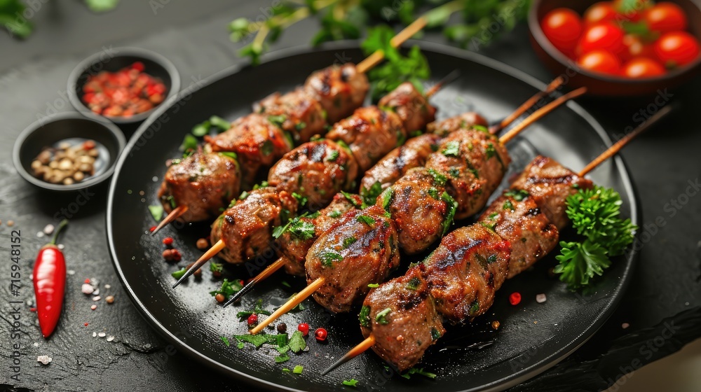 Grilled Lula kebab on skewers with spices in a black plate on a stone background