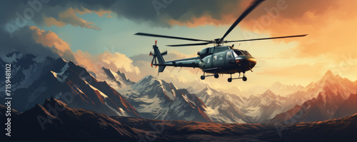 Helicopter sunset flight in moutains evening background. © Alena