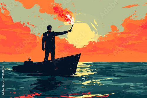 businessman standing on a sinking ship, holding a flare and trying to signal for help photo