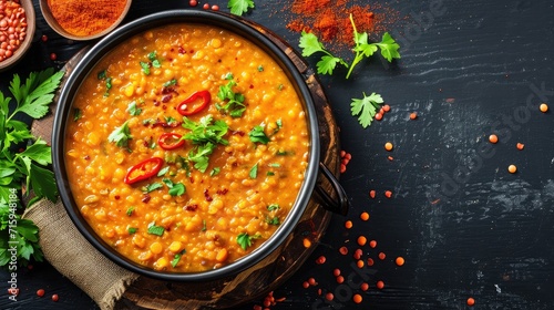 Indian dal. Traditional Indian soup lentils. Indian Dhal spicy curry in bowl, spices, herbs, rustic black wooden background. Authentic Indian dish. Overhead photo