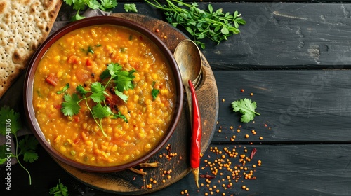 Indian dal. Traditional Indian soup lentils. Indian Dhal spicy curry in bowl, spices, herbs, rustic black wooden background. Authentic Indian dish. Overhead photo