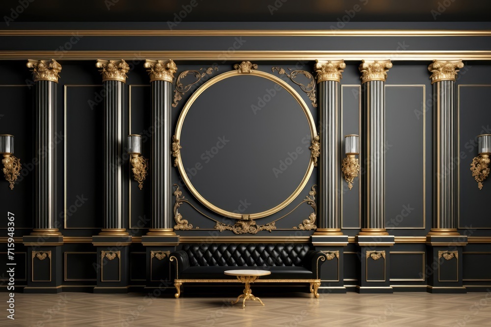 backdrop of a black wall with gold elements and columns, epitomizing timeless luxury. - obrazy, fototapety, plakaty 