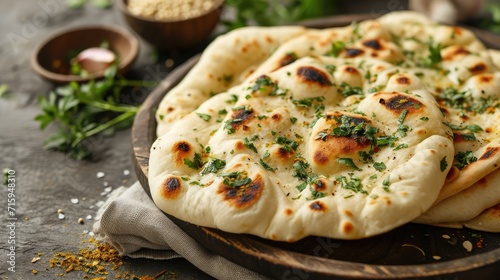 indian naan bread with herbs and garlic seasoning on plate