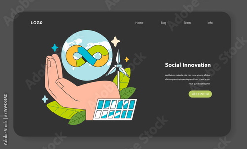 Social entrepreneurship night or dark mode web banner or landing page. Business' responsibility on society and environment. Implementing solutions for sustainable development. Flat vector illustration