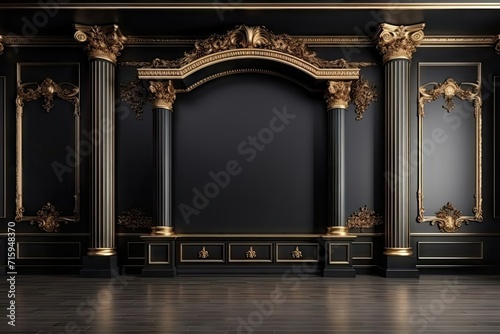 Classic black wall adorned with gold accents and columns, a luxurious backdrop for sophisticated designs.