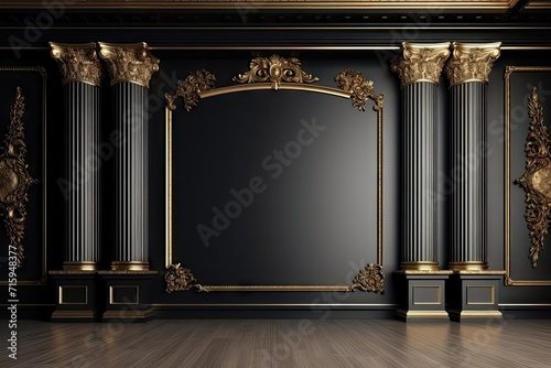This mock-up featuring a black wall, gold details, and columns provides a lavish background for upscale designs. photo