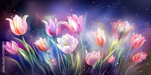 Spring tulips in watercolor style. Luxurious background for postcards  delicate flowers   neon
