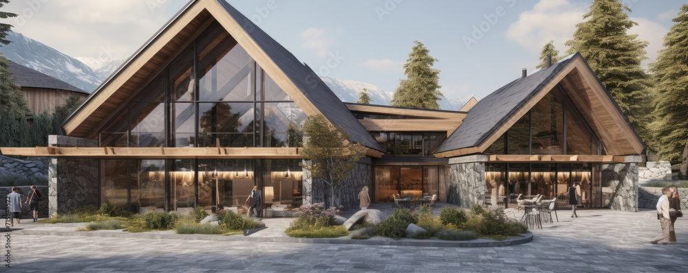 Obraz premium Wooden modern chalet in alps mountains. Super modern houses or huts with big windows