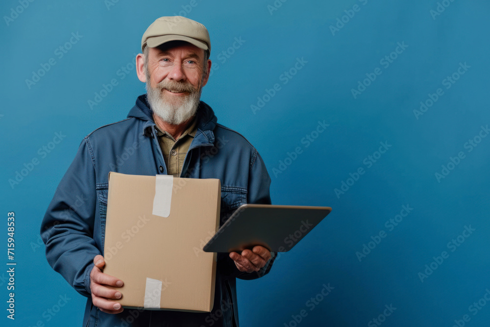 Mature courier with tablet computer and parcel on blue background. Mature courier with tablet computer and parcel on blue background.