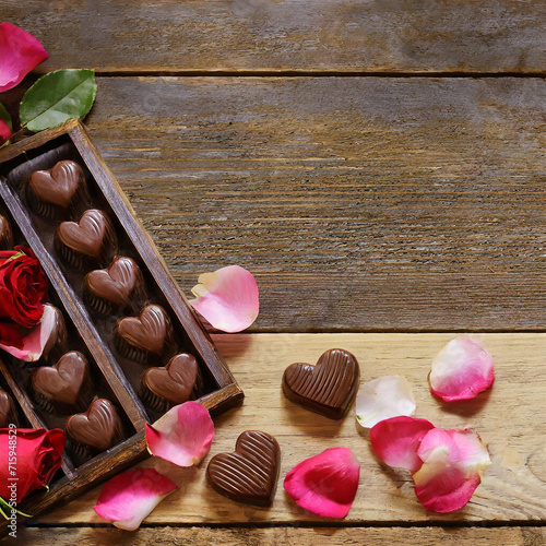 Background for valentine's flyer - Chocolates and roses petals over a wood table