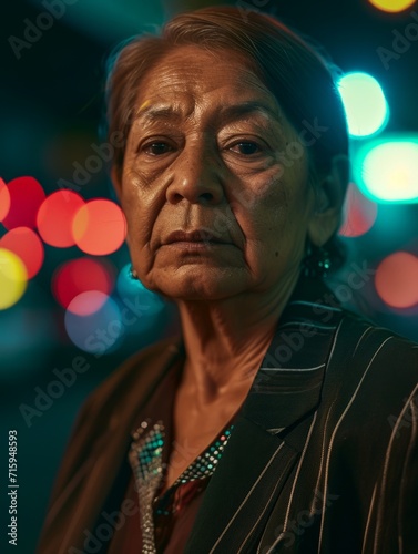 Old Latino Woman with Brown Straight Hair vintage photo. Portrait of a person in 1980s aesthetics. Punk fashion. Historic photo Ai Generated Photorealistic Vertical Image.