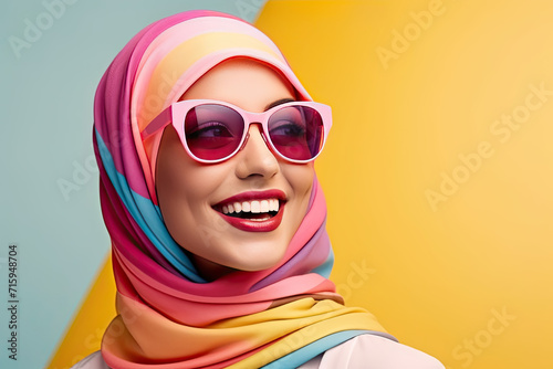 modern colorful stylish outfit of a muslim hijab woman in dynamic shot happy and positive for modest trendy arab women fashion with copysapce area - Generative AI  photo
