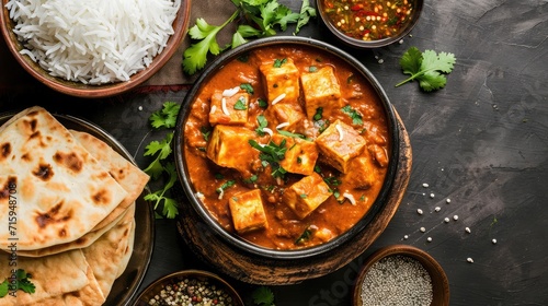 Paneer Butter Masala or Cheese Cottage Curry served with rice and laccha paratha