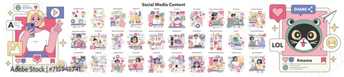 Social Media Content set. Diverse digital interactions ranging from news to lifestyle. In-depth exploration of online engagement. Flat vector illustration.