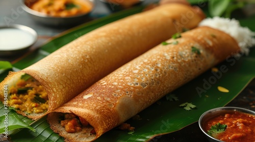 Paper Masala dosa is a South Indian meal served with sambhar and coconut chutney over fresh banana leaf. Selective focus photo