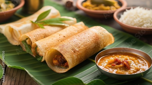 Paper Masala dosa is a South Indian meal served with sambhar and coconut chutney over fresh banana leaf. Selective focus