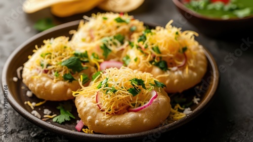 Papri OR Papdi chat also known as Sev Batata Puri - popular indian snacks or street food, selective focus photo