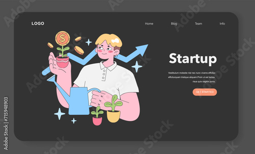 Investment Growth concept. Enthusiastic man nourishing a coin plant, symbolizing monetary growth and financial success, with coins soaring and an upward trend arrow. Flat vector illustration