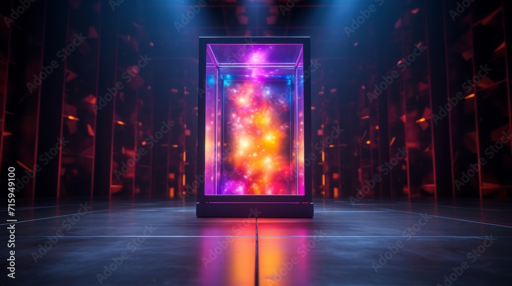 Glowing glass box filled with iridescent neon light standing in dark mysterious room lit by dim lights. Abstract illuminated cube with bright electronic colorful lights. 3D rendering. - obrazy, fototapety, plakaty 