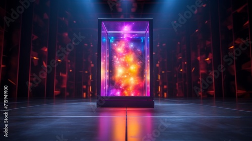 Glowing glass box filled with iridescent neon light standing in dark mysterious room lit by dim lights. Abstract illuminated cube with bright electronic colorful lights. 3D rendering. © Fat Bee