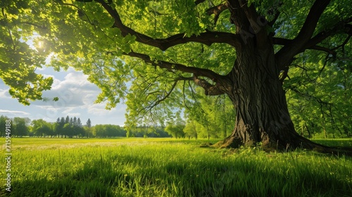 Spring meadow with big tree with fresh green leaves