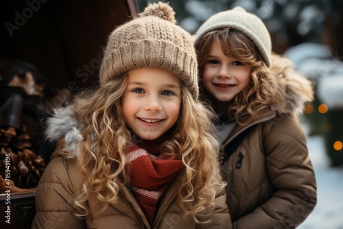 Portrait of two beautiful little girls in winter outwear against the backdrop of snowy winter forest. Cheerful Caucasian kids playing outside on Christmas holiday.