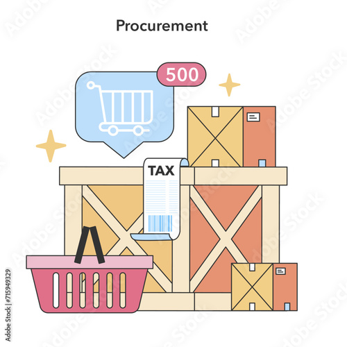 Strategic procurement process. Efficient order placement, bulk purchasing, and tax considerations in supply chain management. Maximizing value through cost-effective sourcing. vector illustration.