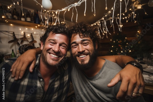 Two adult men in casual clothes pose hugging and smiling happily in a pub during New Year's party. Old buddies are celebrating Christmas and having fun.