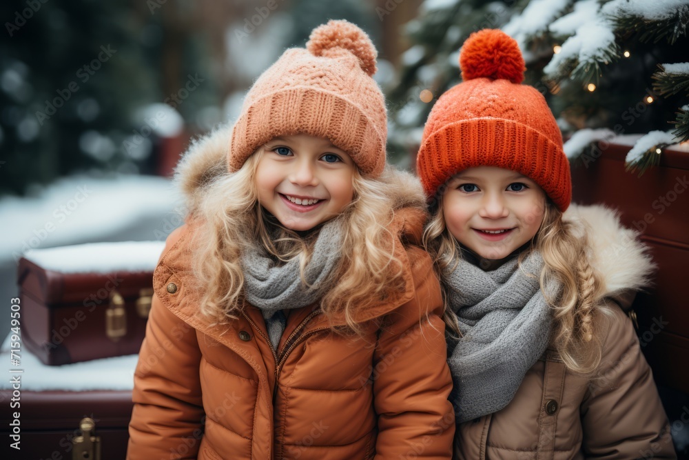 Portrait of two beautiful little girls in winter outwear against the backdrop of snowy winter forest. Cheerful Caucasian kids playing outside on Christmas holiday.