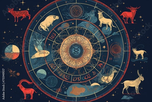Illustration showcasing zodiac signs within a circular layout. Generative AI