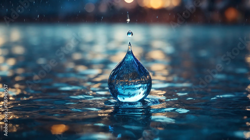 Shiny raindrop on abstract blue water, Ai photos photo