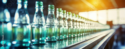 Bottling beverages in factory conveyor. Bottles production in row.