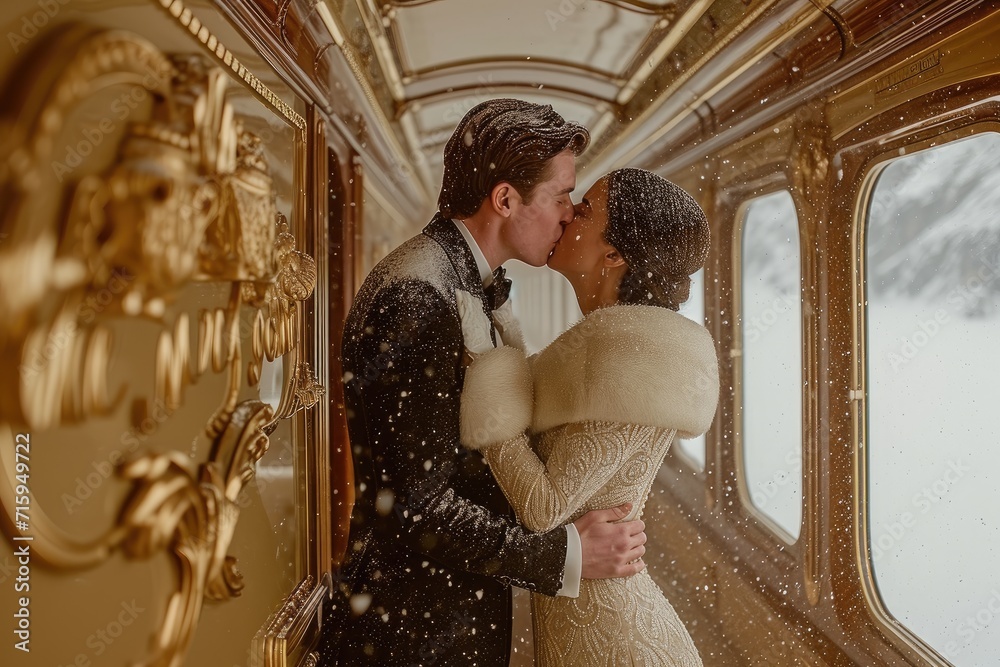 A newlywed couple shares a passionate kiss on a train, the bride's elegant wedding dress embellished with intricate details, as they are surrounded by the warm and intimate ambiance of the indoor tra