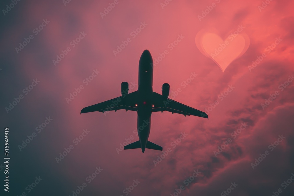Naklejka premium illustration outline of an airplane and heart on pink background, in the style of snapshot aesthetic,