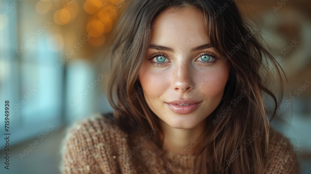 A captivating lady with striking blue eyes, adorned in stylish clothing and featuring a perfectly framed portrait of her beautifully layered brown hair, alluring lips, and defined eyebrows A captivating lady with striking blue eyes, adorned in stylish clothing and featuring a perfectly framed portrait of her beautifully layered brown hair, alluring lips, and defined eyebrows