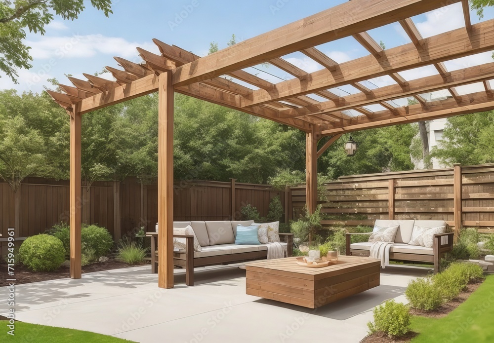 Photo of a modern outdoor patio with wooden per Photo of a modern outdoor patio with wooden per