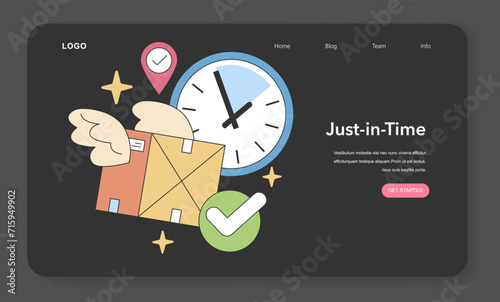 Just-in-Time concept. Precise clock symbolizing swift logistics and punctual delivery services. Effective supply chain timing. Flat vector illustration.