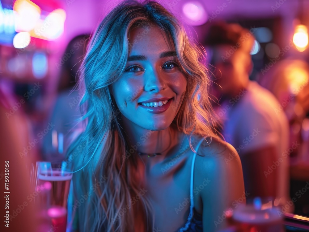 A beaming woman stands out in a crowded nightclub, radiating joy and confidence with her stylish outfit and captivating smile