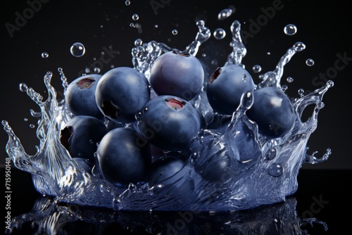 A handful of fresh ripe blueberries in water splash. Isolated on black background.