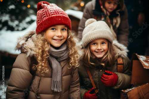 Portrait of two beautiful little girls in winter outwear against the backdrop of snowy winter forest. Cheerful Caucasian kids playing outside on Christmas holiday.