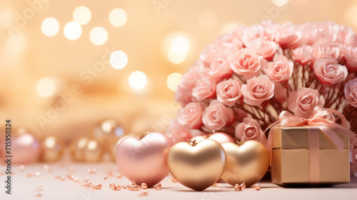 Pink and gold volumetric hearts  pink roses bouquet and gift box  wrapped with pink ribbon against the blurred background with bokeh effect. Valentine s Day concept.