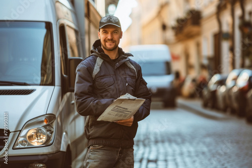 Postman next to van. Mail van is in background. Courier to postal service.