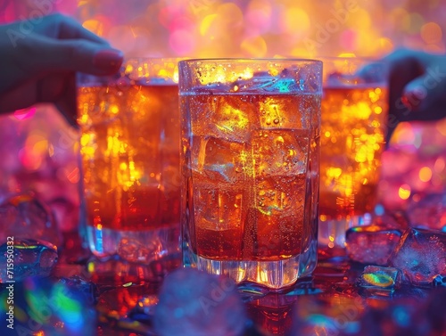 Amidst a lively bar scene, a collection of elegant glasses hold icy concoctions of sweet, bubbly soft drinks and rich, potent alcoholic beverages, beckoning for a person to indulge in their fluid, in