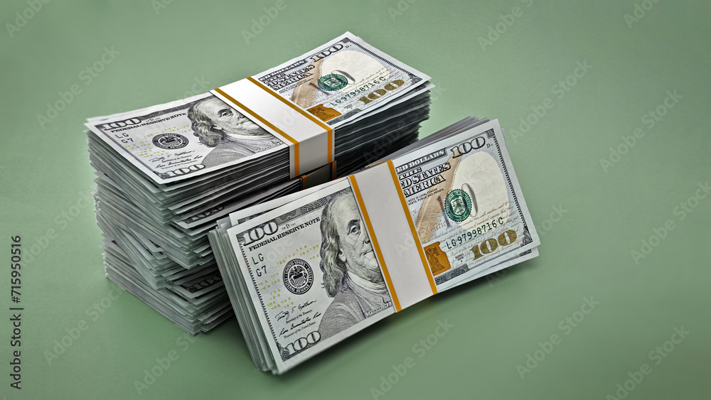 Stack of 100 dollar bills on green background. 3D illustration Stack of 100 dollar bills on green background. 3D illustration