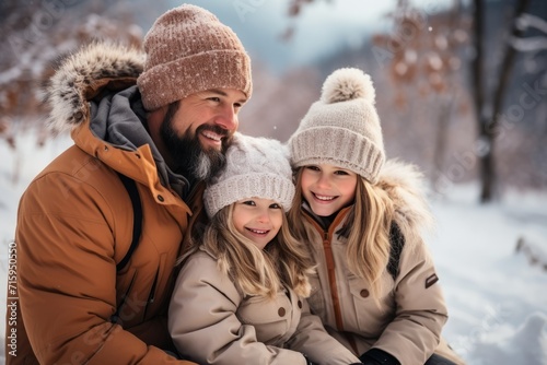 Portrait of cheerful Caucasian father and his cute daughters against the backdrop of snowy forest or park. Happy family in winter outwear spend vacation together walking and hiking.