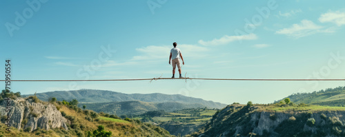 Man walking on rope in high mountains. Rope walk