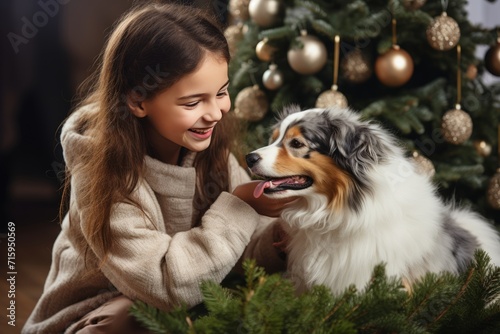 A beautiful little girl and cute dog decorating Christmas tree. Happy baby and her beloved pet are preparing for holidays and having fun.